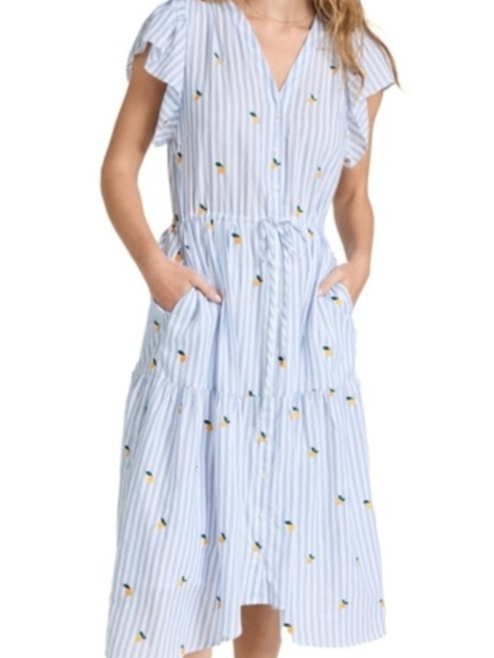 Trovata Light Blue Striped Lemon-Print Midi Dress
